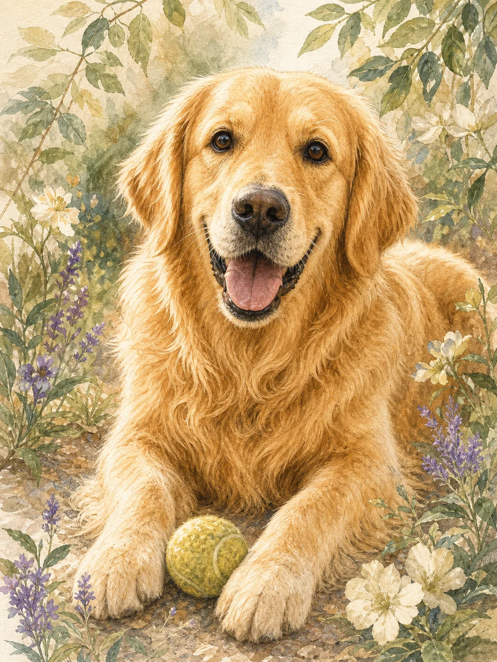 Botanical Portrait Golden retriever pet portrait style