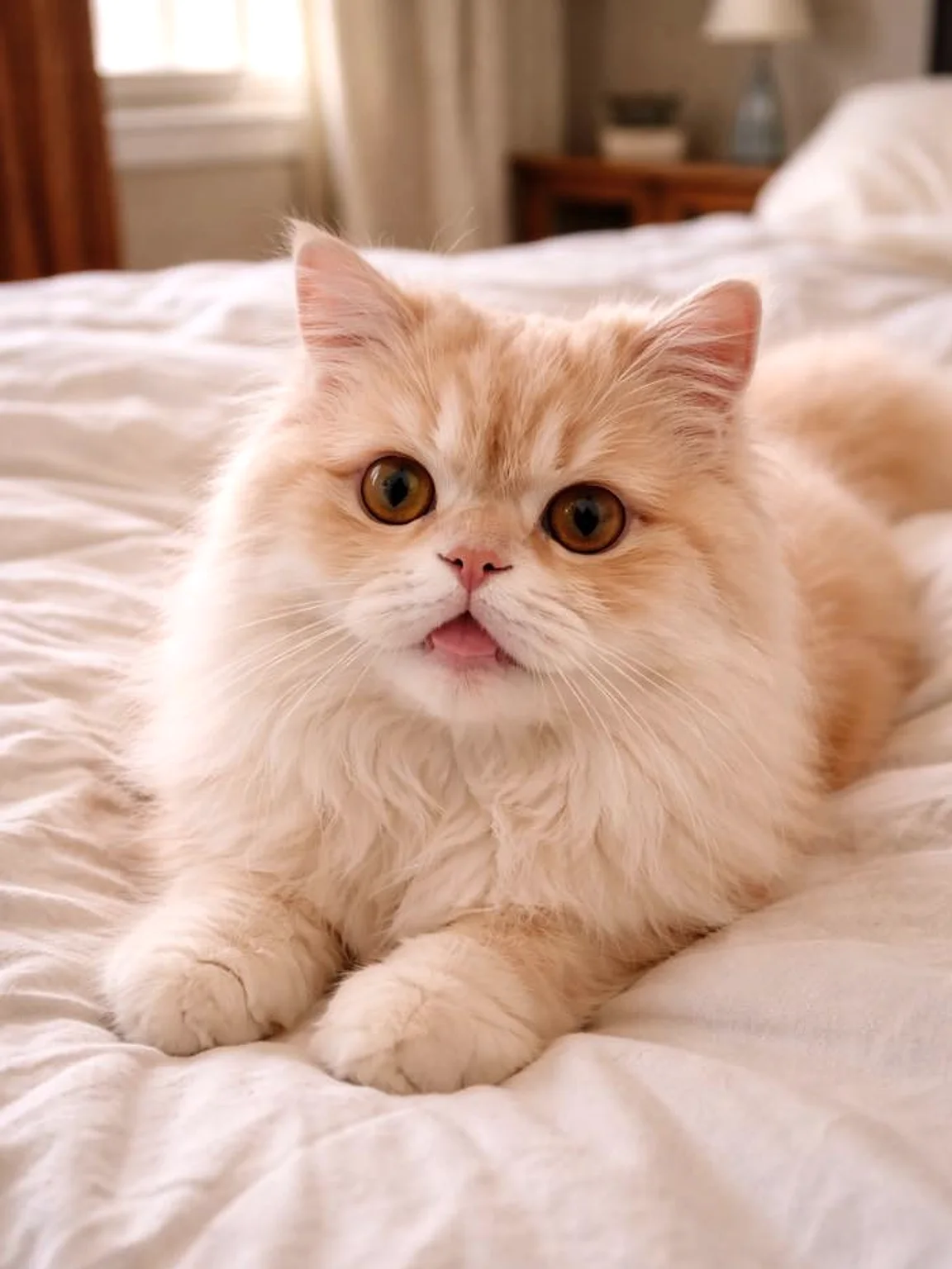 Natural iPhone-style photo of a White longhair cat before Fantasy Storybook conversion