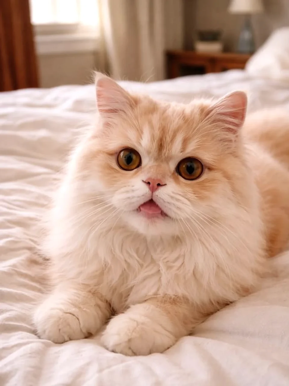 Natural iPhone-style photo of a White longhair cat before Gouache Storybook conversion