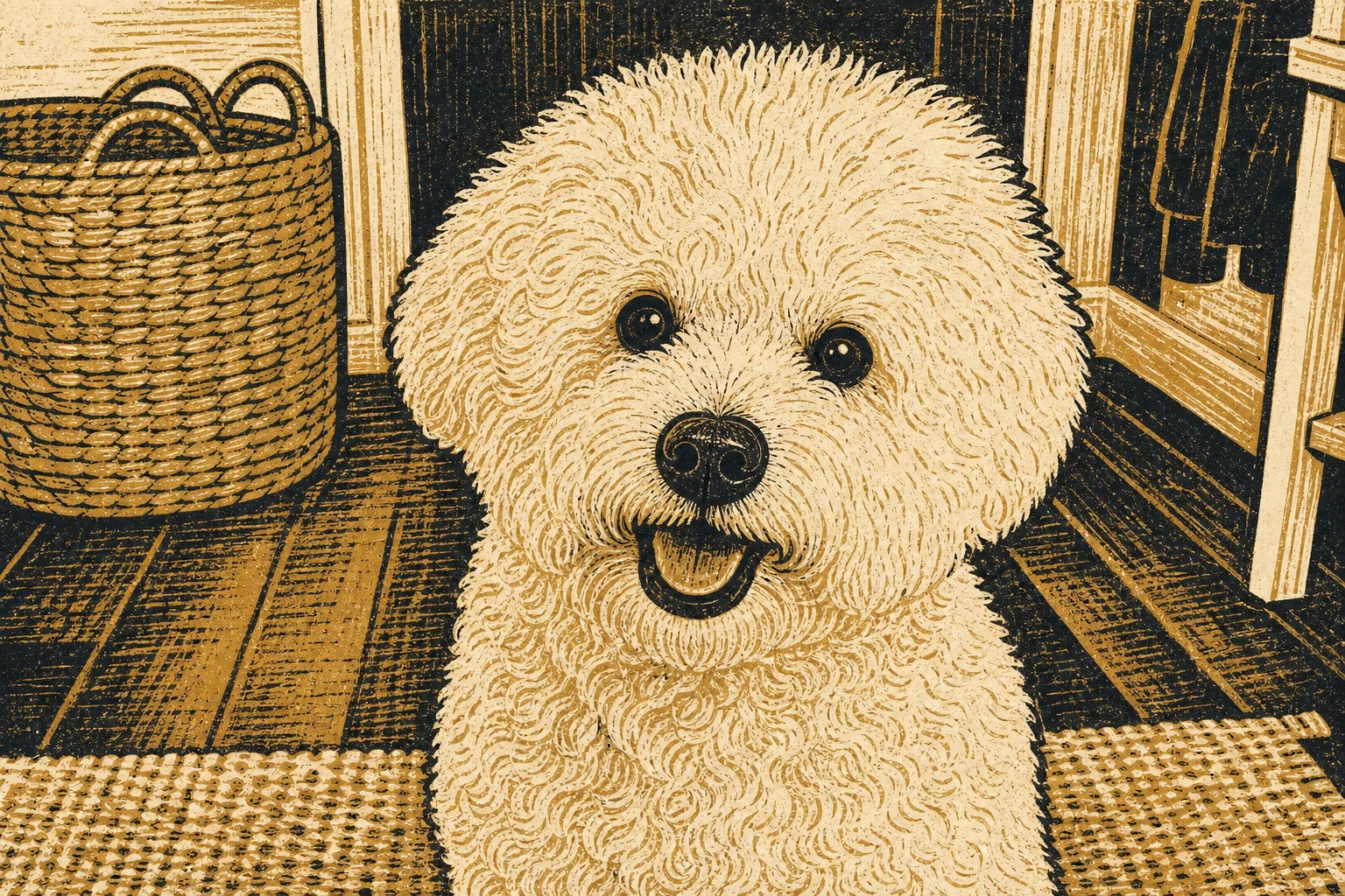 Linocut Print Bichon Frise pet portrait style