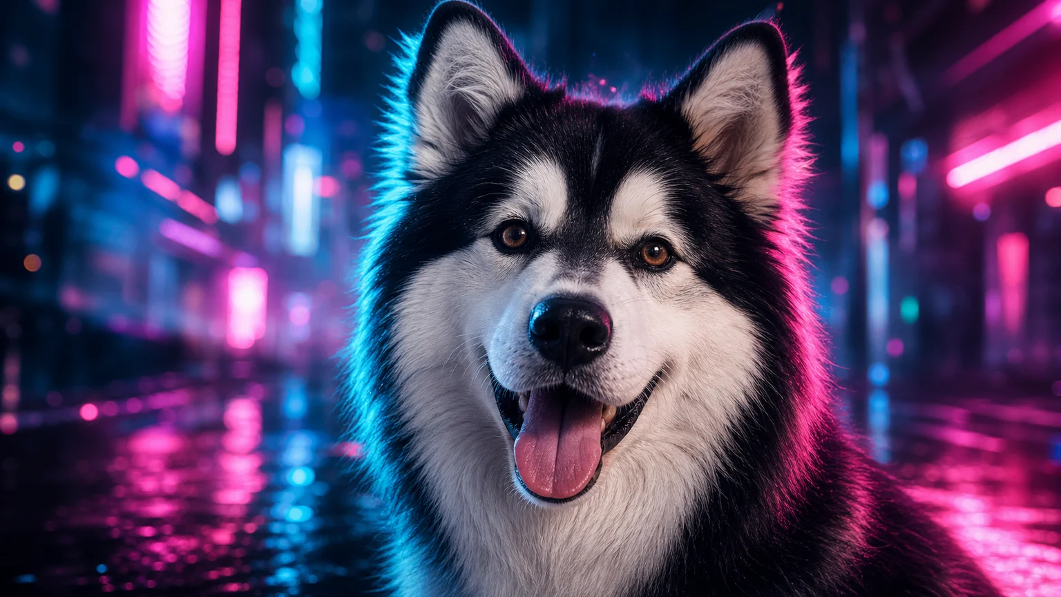 Neon Cyberpunk Husky pet portrait style