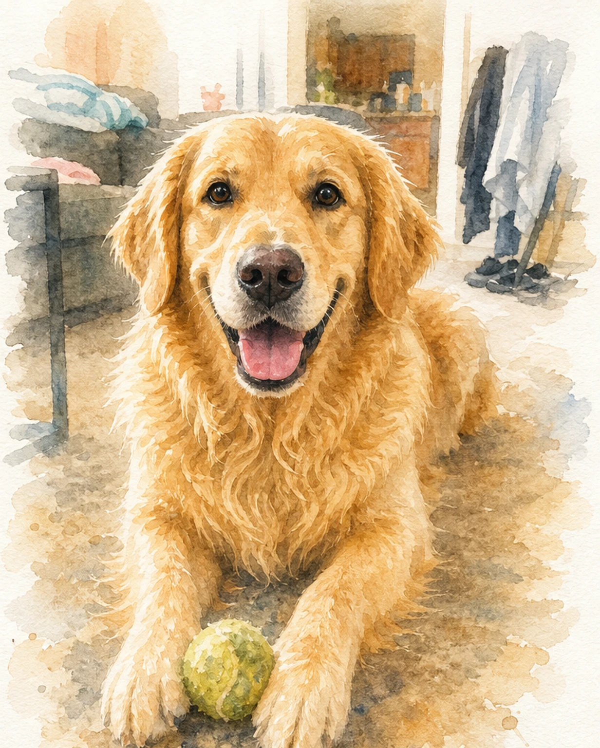 Watercolor Golden retriever pet portrait style