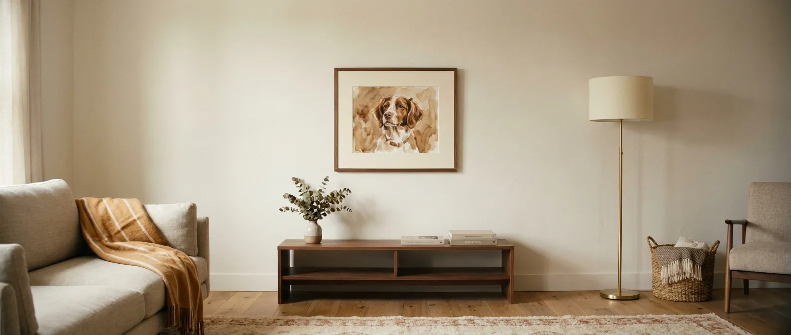 A framed watercolor pet portrait hanging on a warm cream wall above a walnut sideboard